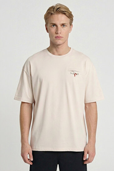 VIVERES OVERSIZE KISA KOLLU TİŞÖRT Ekru Erkek Tişört