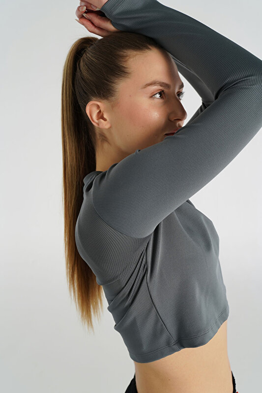 DOLBY CROP UZUN KOLLU TİŞÖRT Gri Kadın Tişört